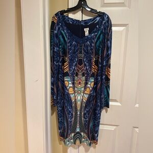 Cache Blue Abstract Print Long Sleeve Bodycon Dress Size 14
